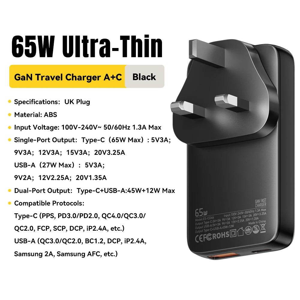ESSAGER 65W GaN Charger PD Charge Type C USB Charger Support QC PPS Portable Fast Charger For iPhone 16 15 14 13 Laptop Charger - Merit Sell