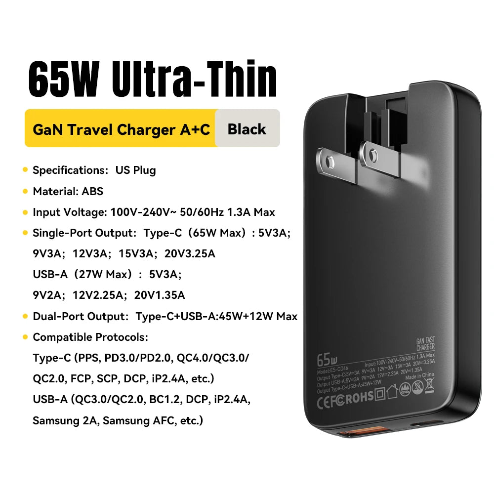 ESSAGER 65W GaN Charger PD Charge Type C USB Charger Support QC PPS Portable Fast Charger For iPhone 16 15 14 13 Laptop Charger - Merit Sell