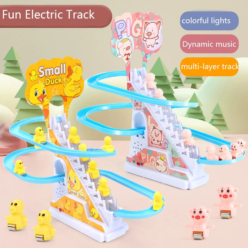 Electric Duck Climbing Stairs Slides Set with LED Flashing Lights Music Race Car Tracks Roller Coaster Kids Educational Toys - Merit Sell