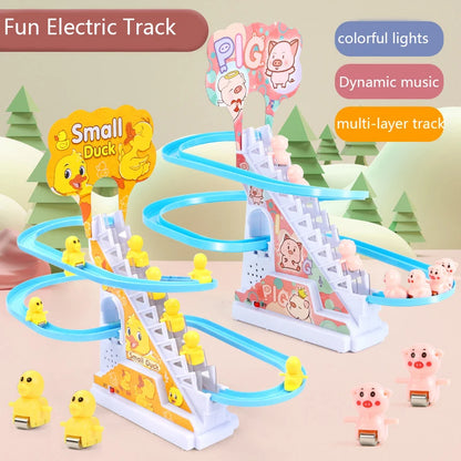 Electric Duck Climbing Stairs Slides Set with LED Flashing Lights Music Race Car Tracks Roller Coaster Kids Educational Toys - Merit Sell