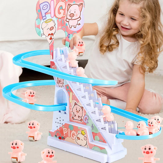 Electric Duck Climbing Stairs Slides Set with LED Flashing Lights Music Race Car Tracks Roller Coaster Kids Educational Toys - Merit Sell