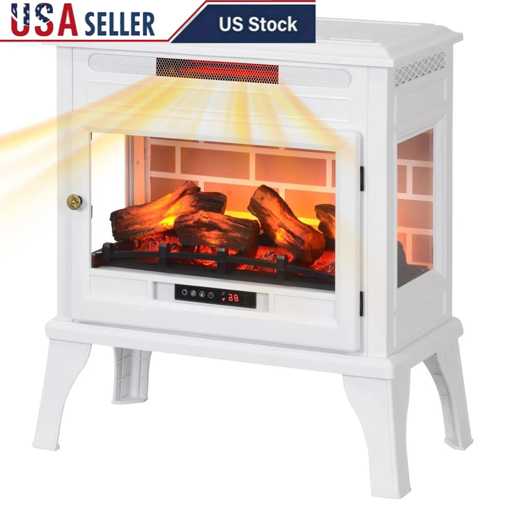 Electric Fireplace Stove 24" Infrared Heater 3D Flame Effect Remote Control Thermostat Safety Features Freestanding 1000-1500W - Merit Sell