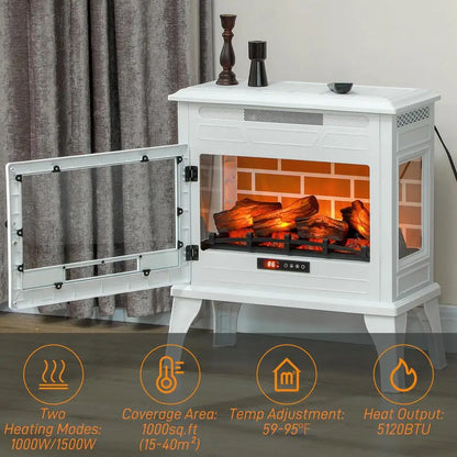 Electric Fireplace Stove 24" Infrared Heater 3D Flame Effect Remote Control Thermostat Safety Features Freestanding 1000-1500W - Merit Sell