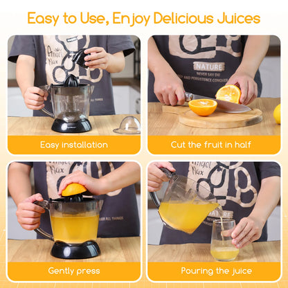 Electric Orange Juicer 40W 700 ml Drum Twist 2 Cones Dismontablesy Dust Cover Anti-Drip Nozzle Dishwasher Safe Black - Merit Sell