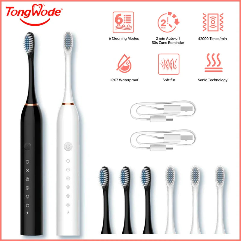Electric Ultrasonic Toothbrush Six Speed Mode Home Soft Hair USB Charging Waterproof Adult Tooth Cleaner Automatic Couple Set - Merit Sell