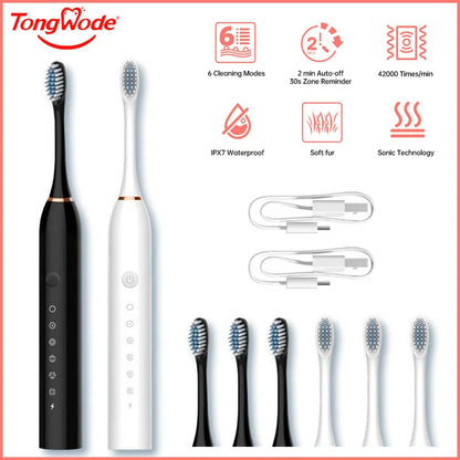 Electric Ultrasonic Toothbrush Six Speed Mode Home Soft Hair USB Charging Waterproof Adult Tooth Cleaner Automatic Couple Set - Merit Sell