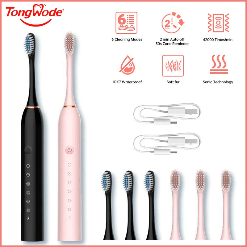 Electric Ultrasonic Toothbrush Six Speed Mode Home Soft Hair USB Charging Waterproof Adult Tooth Cleaner Automatic Couple Set - Merit Sell