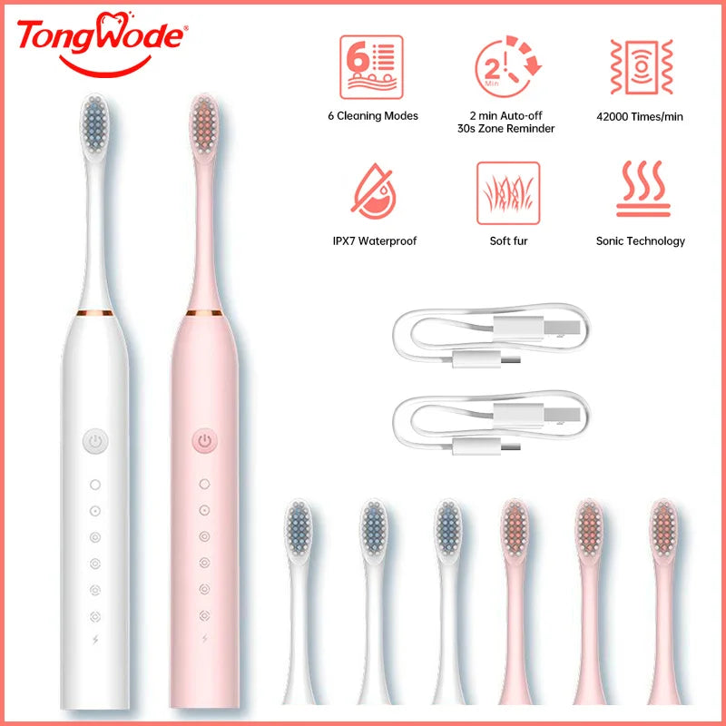 Electric Ultrasonic Toothbrush Six Speed Mode Home Soft Hair USB Charging Waterproof Adult Tooth Cleaner Automatic Couple Set - Merit Sell