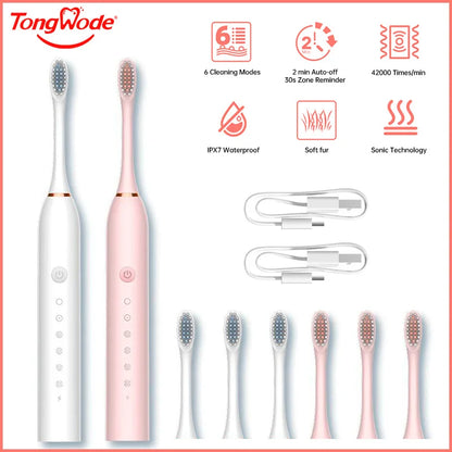 Electric Ultrasonic Toothbrush Six Speed Mode Home Soft Hair USB Charging Waterproof Adult Tooth Cleaner Automatic Couple Set - Merit Sell