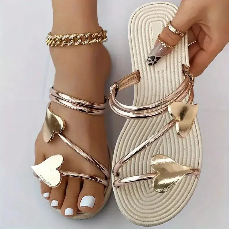 Elegant Women's Heart Flat Sandals Open Toe Woman Slippers Non Slip Shoes Outdoor Beach Slides Women Sandals Summer 2024 Size 43 - Merit Sell
