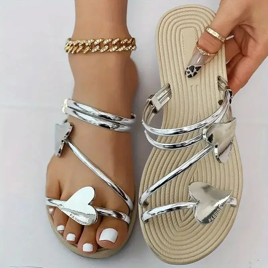 Elegant Women's Heart Flat Sandals Open Toe Woman Slippers Non Slip Shoes Outdoor Beach Slides Women Sandals Summer 2024 Size 43 - Merit Sell
