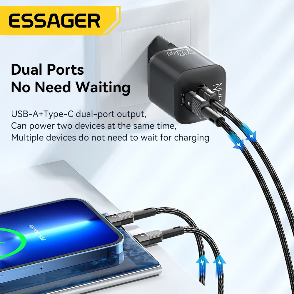 Essager 20W GaN USB Type C Charger PD Fast Charge Phone QC 3.0 Quick Chargers For iPhone 14 13 12 11 Pro Max Mini iPad Charging - Merit Sell