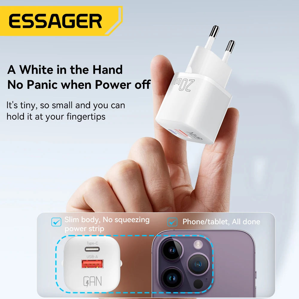 Essager 20W GaN USB Type C Charger PD Fast Charge Phone QC 3.0 Quick Chargers For iPhone 14 13 12 11 Pro Max Mini iPad Charging - Merit Sell