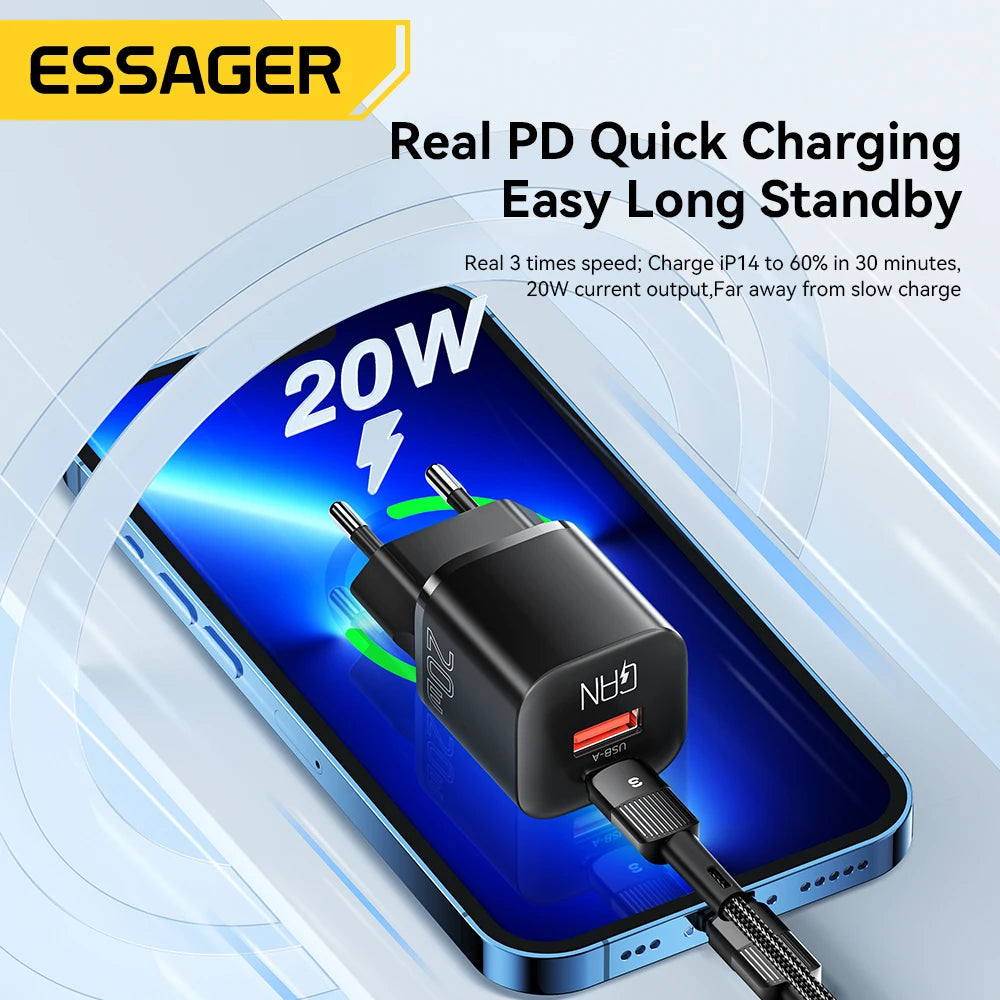 Essager 20W GaN USB Type C Charger PD Fast Charge Phone QC 3.0 Quick Chargers For iPhone 14 13 12 11 Pro Max Mini iPad Charging - Merit Sell