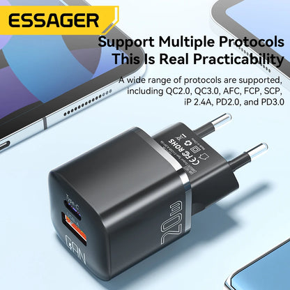 Essager 20W GaN USB Type C Charger PD Fast Charge Phone QC 3.0 Quick Chargers For iPhone 14 13 12 11 Pro Max Mini iPad Charging - Merit Sell