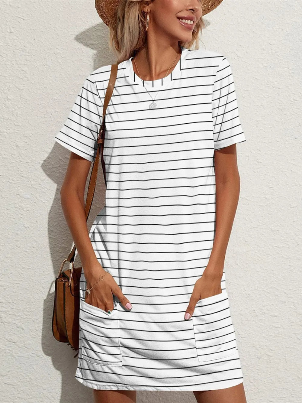 FAM-FAM Pocketed Striped Round Neck Short Sleeve Dress - Merit Sell