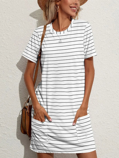 FAM-FAM Pocketed Striped Round Neck Short Sleeve Dress - Merit Sell