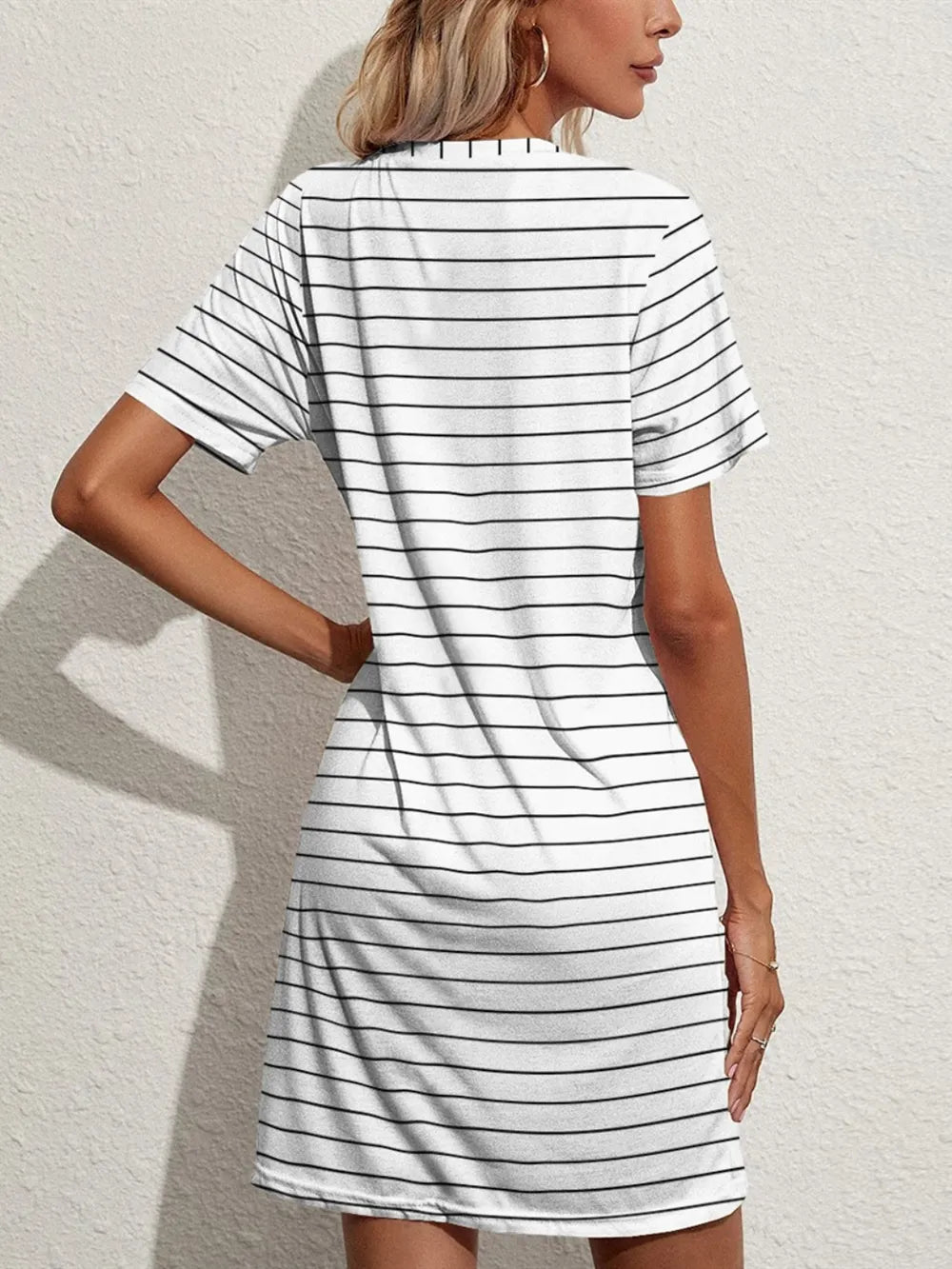 FAM-FAM Pocketed Striped Round Neck Short Sleeve Dress - Merit Sell