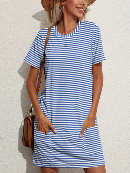 FAM-FAM Pocketed Striped Round Neck Short Sleeve Dress - Merit Sell