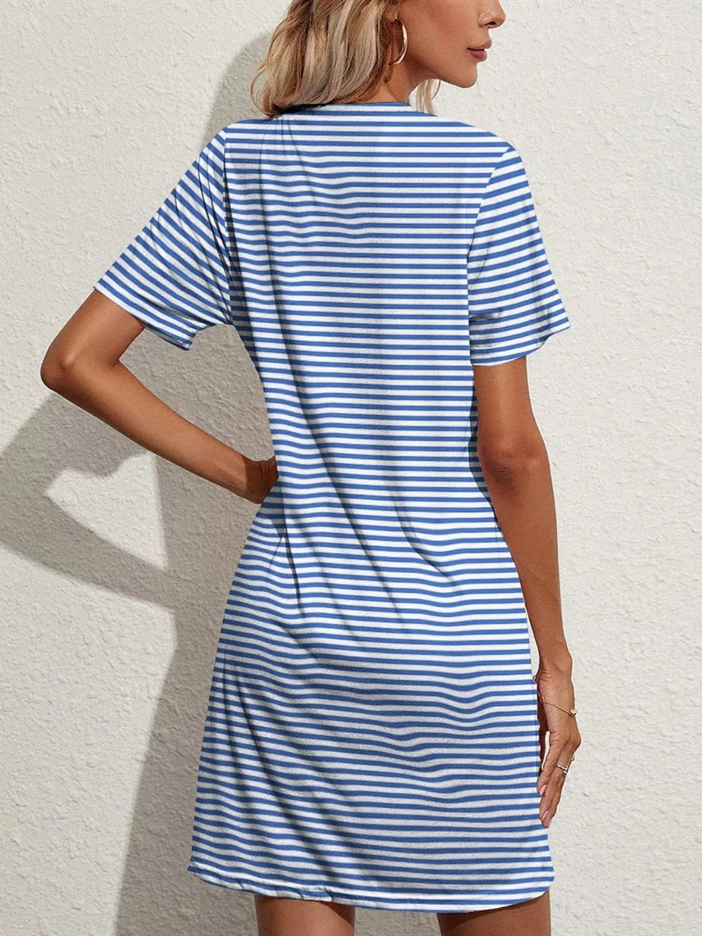 FAM-FAM Pocketed Striped Round Neck Short Sleeve Dress - Merit Sell