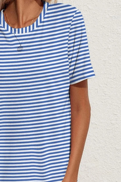 FAM-FAM Pocketed Striped Round Neck Short Sleeve Dress - Merit Sell