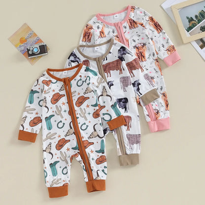FOCUSNORM 0-12M Autumn Infant Baby Boys Girls Western Jumpsuits 3 Style Cow Head Floral Print Long Sleeve Zipper Romper - Merit Sell