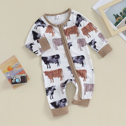 FOCUSNORM 0-12M Autumn Infant Baby Boys Girls Western Jumpsuits 3 Style Cow Head Floral Print Long Sleeve Zipper Romper - Merit Sell