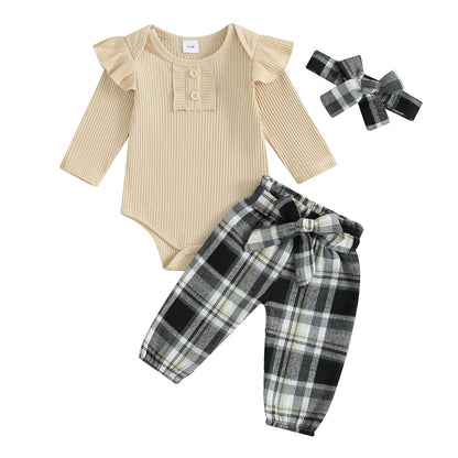 FOCUSNORM 3pcs Infant Baby Girls Fall Clothes Sets 0-18M Solid Color Buttons Long Sleeve Rompers Plaid Print Pants Headband - Merit Sell