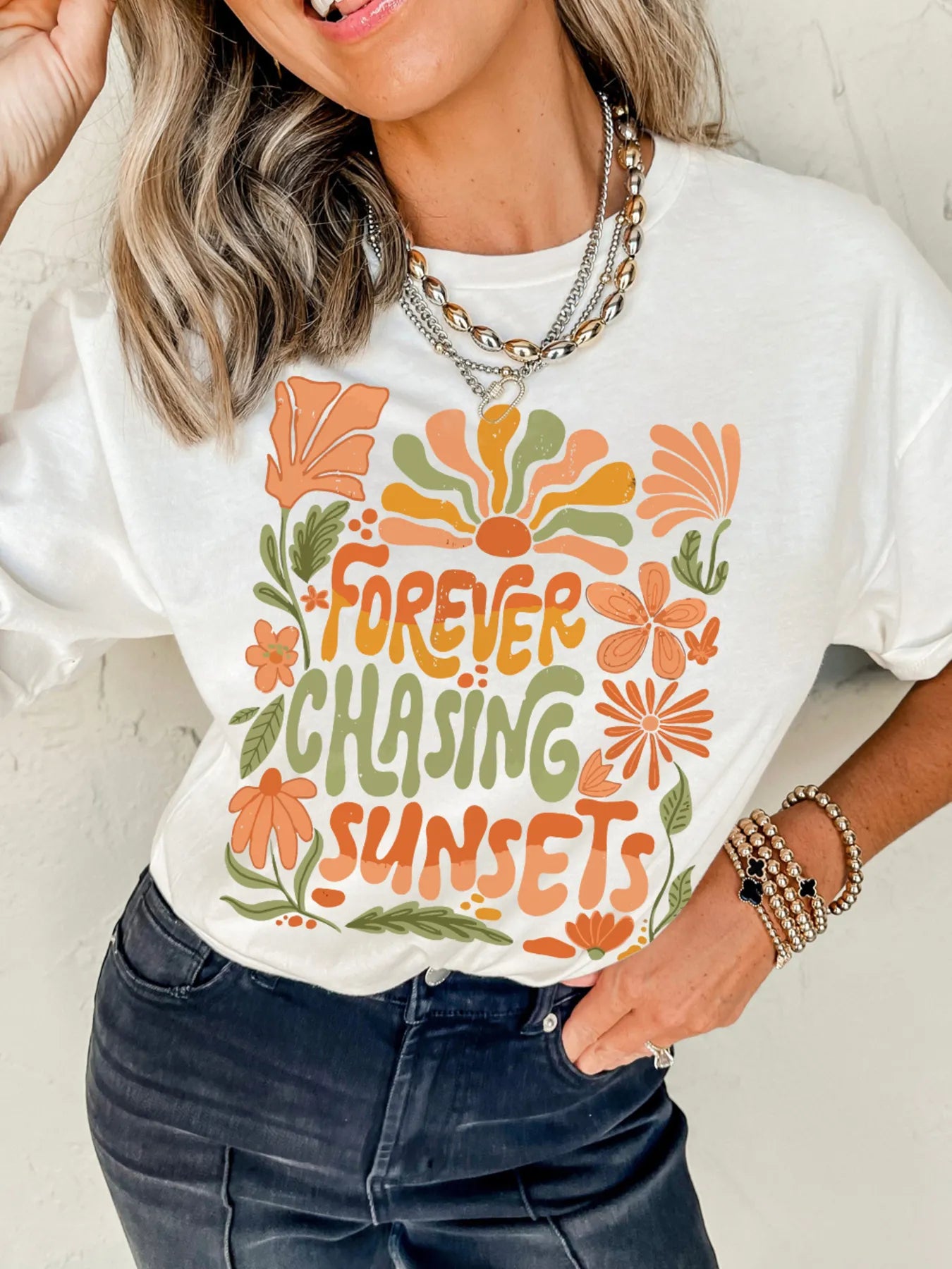 FOREVER CHASING SUNSETS Round Neck T Shirt - Merit Sell