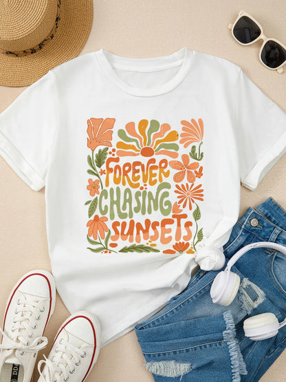 FOREVER CHASING SUNSETS Round Neck T Shirt - Merit Sell
