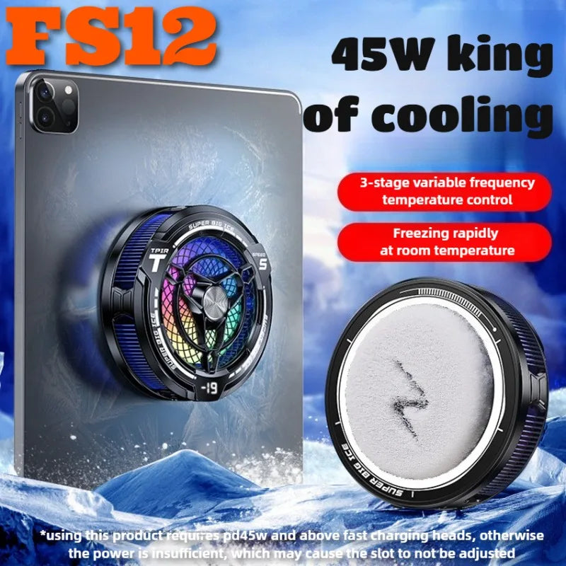 FS12 45W Magnetic Semiconductor Tablet Cooler Large Area AI Powerful Cooling Fan Radiator for IPad Gaming with RGB Colorf Lights - Merit Sell