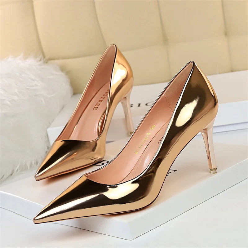 Fashion Metal Women Patent Leather Shallow Mouth Thin High Heel Shoes Elegant Comfort Pointed Toe Gold Silver Party Heel Pumps - Merit Sell