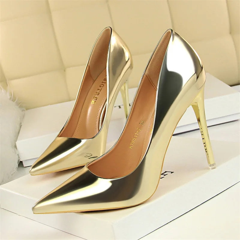 Fashion Metal Women Patent Leather Shallow Mouth Thin High Heel Shoes Elegant Comfort Pointed Toe Gold Silver Party Heel Pumps - Merit Sell