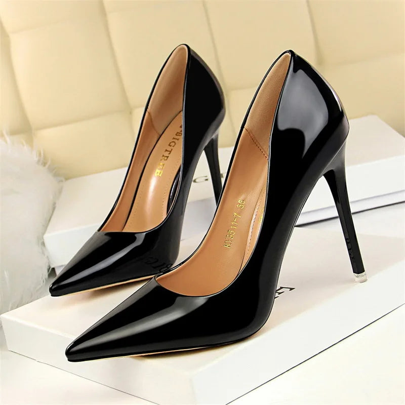 Fashion Metal Women Patent Leather Shallow Mouth Thin High Heel Shoes Elegant Comfort Pointed Toe Gold Silver Party Heel Pumps - Merit Sell