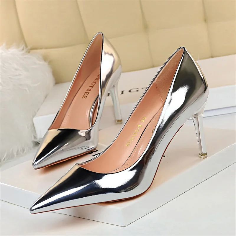 Fashion Metal Women Patent Leather Shallow Mouth Thin High Heel Shoes Elegant Comfort Pointed Toe Gold Silver Party Heel Pumps - Merit Sell