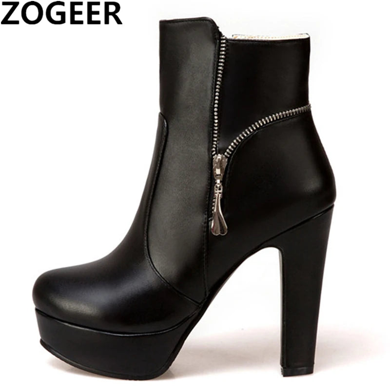 Fashion Women's Ankle Boots High Heels Platform Motorcycle Boot Zipper Yellow Black White Short Shoes Female Large Size 45 48 - Merit Sell