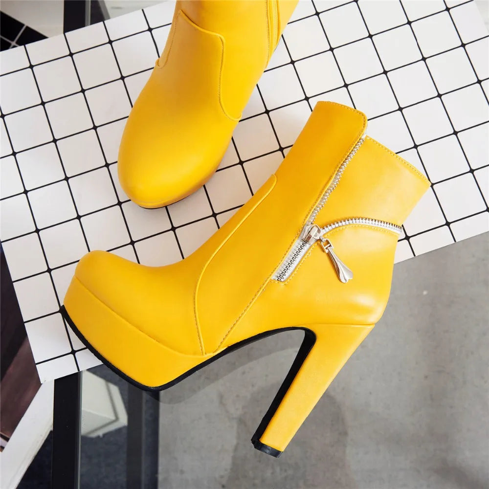 Fashion Women's Ankle Boots High Heels Platform Motorcycle Boot Zipper Yellow Black White Short Shoes Female Large Size 45 48 - Merit Sell