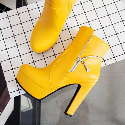 Fashion Women's Ankle Boots High Heels Platform Motorcycle Boot Zipper Yellow Black White Short Shoes Female Large Size 45 48 - Merit Sell