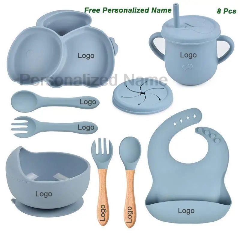 Free Personalized Name Baby Silicone Rabbit Divided Plate Set Baby Feeding Dishes BPA Free Bowl Plate Bibs Spoon Fork Sippy Cup - Merit Sell