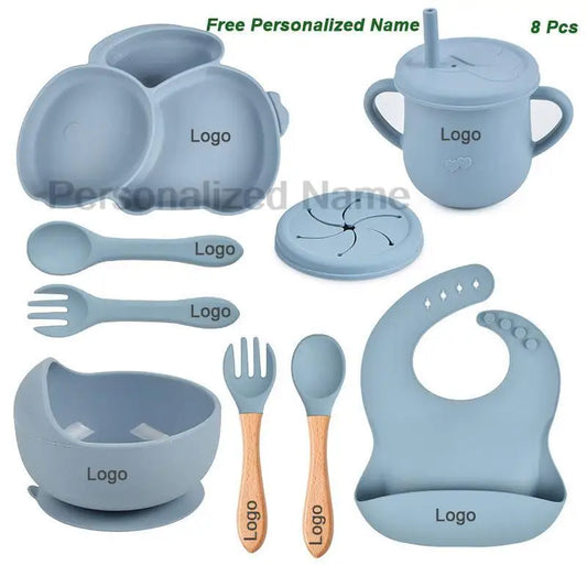 Free Personalized Name Baby Silicone Rabbit Divided Plate Set Baby Feeding Dishes BPA Free Bowl Plate Bibs Spoon Fork Sippy Cup - Merit Sell