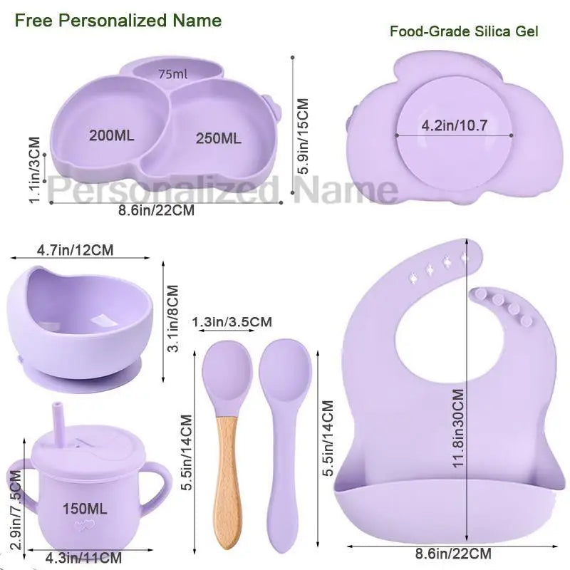 Free Personalized Name Baby Silicone Rabbit Divided Plate Set Baby Feeding Dishes BPA Free Bowl Plate Bibs Spoon Fork Sippy Cup - Merit Sell