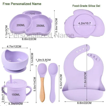 Free Personalized Name Baby Silicone Rabbit Divided Plate Set Baby Feeding Dishes BPA Free Bowl Plate Bibs Spoon Fork Sippy Cup - Merit Sell