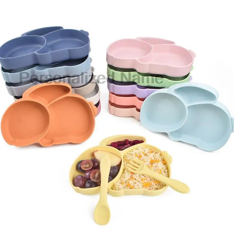 Free Personalized Name Baby Silicone Rabbit Divided Plate Set Baby Feeding Dishes BPA Free Bowl Plate Bibs Spoon Fork Sippy Cup - Merit Sell