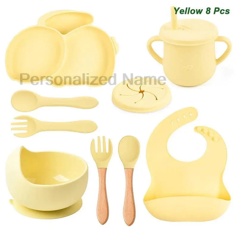 Free Personalized Name Baby Silicone Rabbit Divided Plate Set Baby Feeding Dishes BPA Free Bowl Plate Bibs Spoon Fork Sippy Cup - Merit Sell