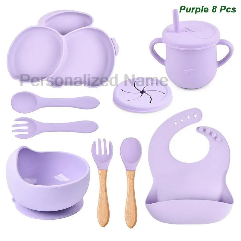Free Personalized Name Baby Silicone Rabbit Divided Plate Set Baby Feeding Dishes BPA Free Bowl Plate Bibs Spoon Fork Sippy Cup - Merit Sell