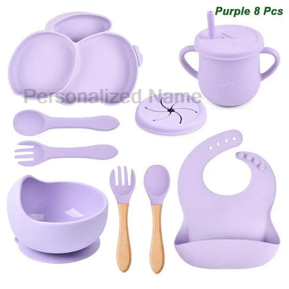 Free Personalized Name Baby Silicone Rabbit Divided Plate Set Baby Feeding Dishes BPA Free Bowl Plate Bibs Spoon Fork Sippy Cup - Merit Sell