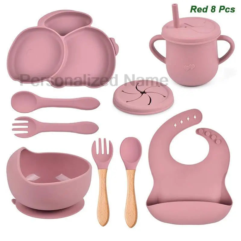Free Personalized Name Baby Silicone Rabbit Divided Plate Set Baby Feeding Dishes BPA Free Bowl Plate Bibs Spoon Fork Sippy Cup - Merit Sell