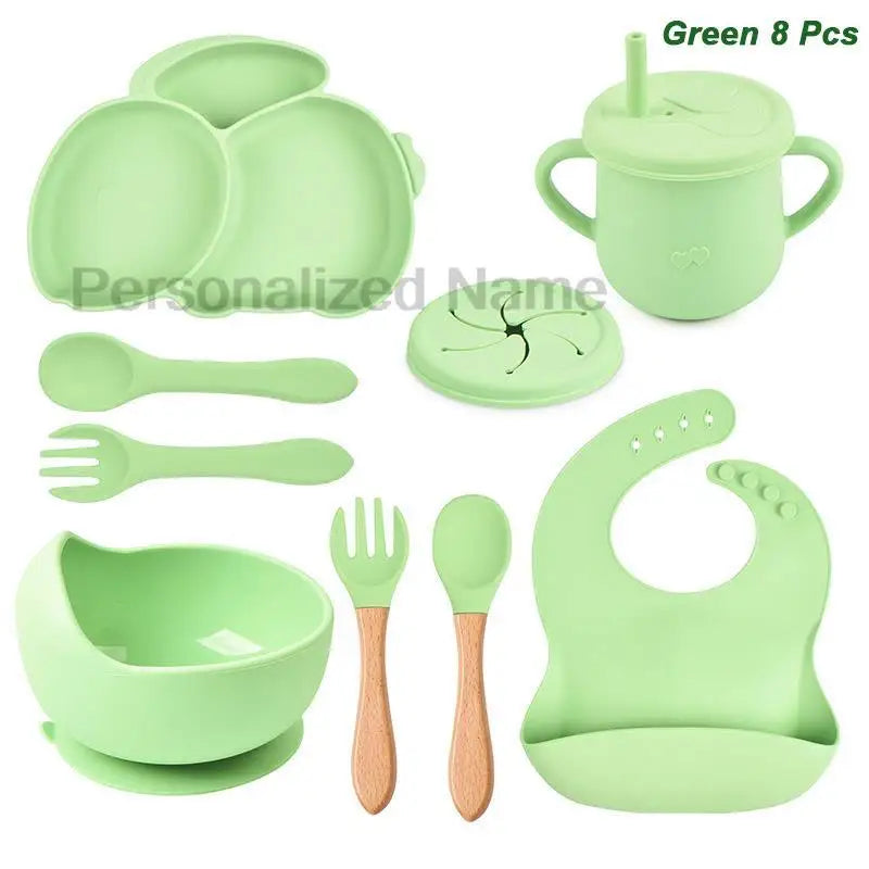 Free Personalized Name Baby Silicone Rabbit Divided Plate Set Baby Feeding Dishes BPA Free Bowl Plate Bibs Spoon Fork Sippy Cup - Merit Sell