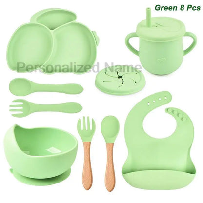 Free Personalized Name Baby Silicone Rabbit Divided Plate Set Baby Feeding Dishes BPA Free Bowl Plate Bibs Spoon Fork Sippy Cup - Merit Sell