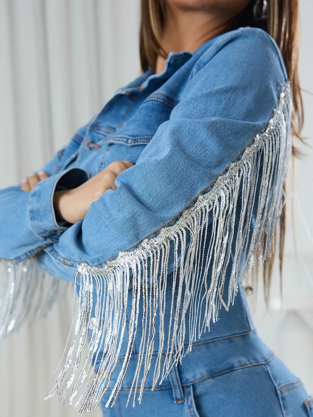 Fringe Half Button Long Sleeve Denim Jumpsuit - Merit Sell